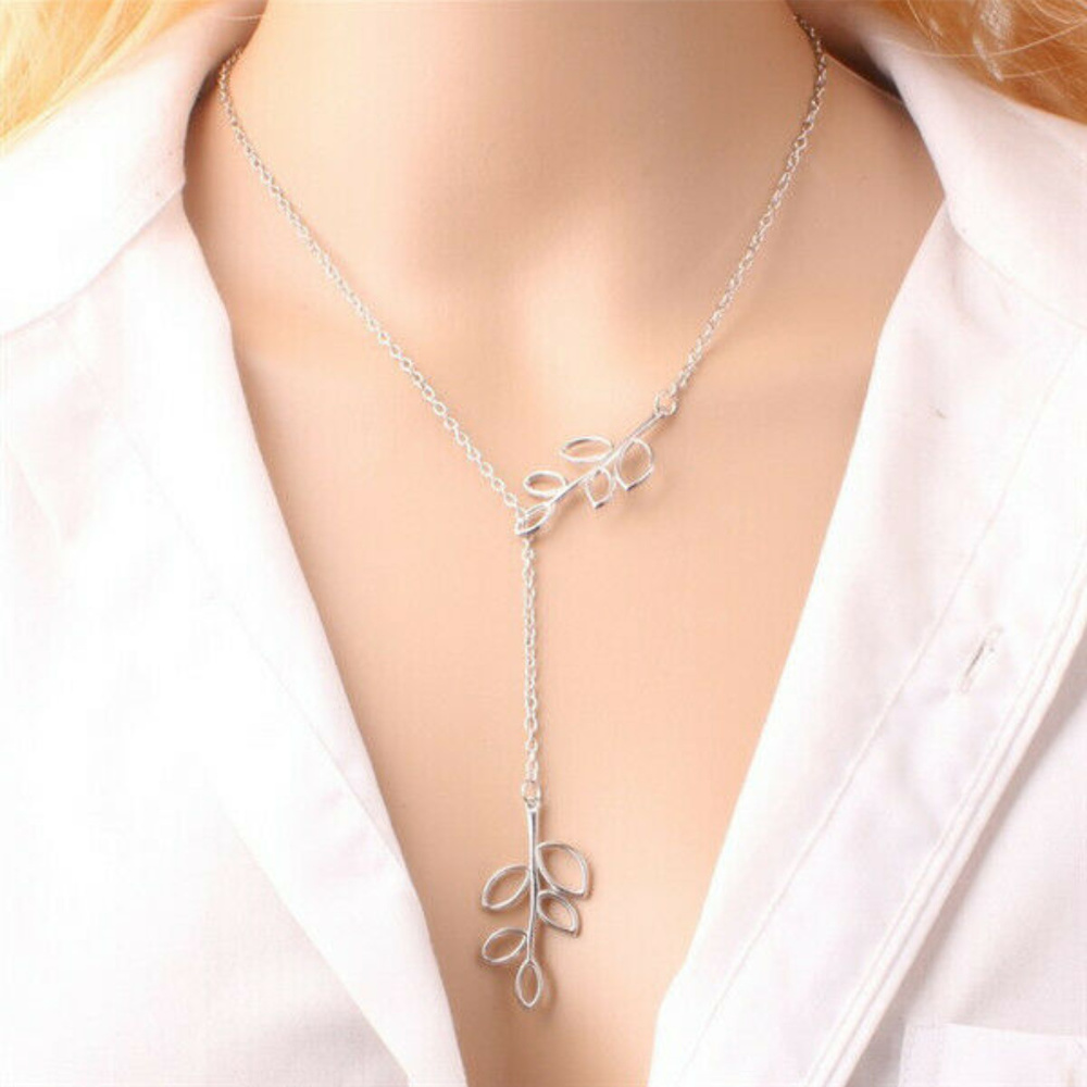 Silver Leaf Leaves Branch Pendant Lariat Chain Necklace Gorgeous Party Gift